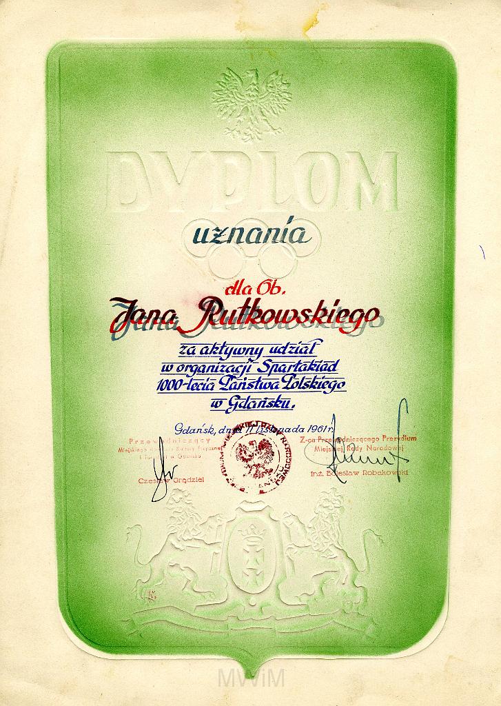 KKE 3220.jpg - Dyplom, Jana Rutkowskiego za organizacje spartakiady, Gdańsk, 1961 r.
